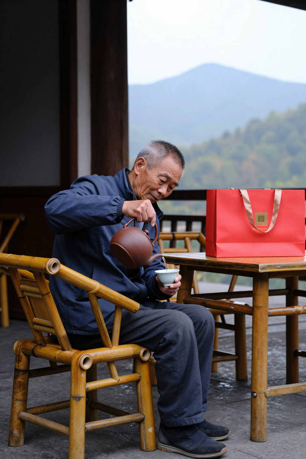 阿凤姐店里泡茶，旁边是扫码礼盒