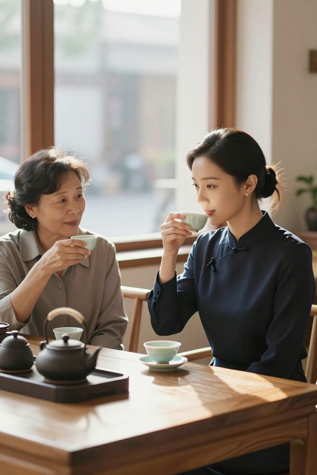 下午茶店阿姨和陈姐对坐喝茶阳光照入