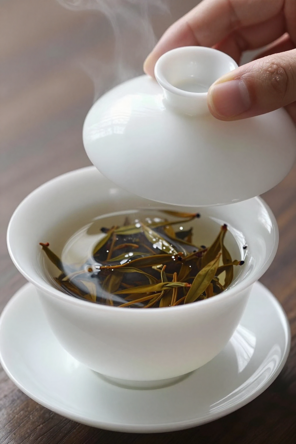 手揭盖碗特写茶香蒸汽袅袅