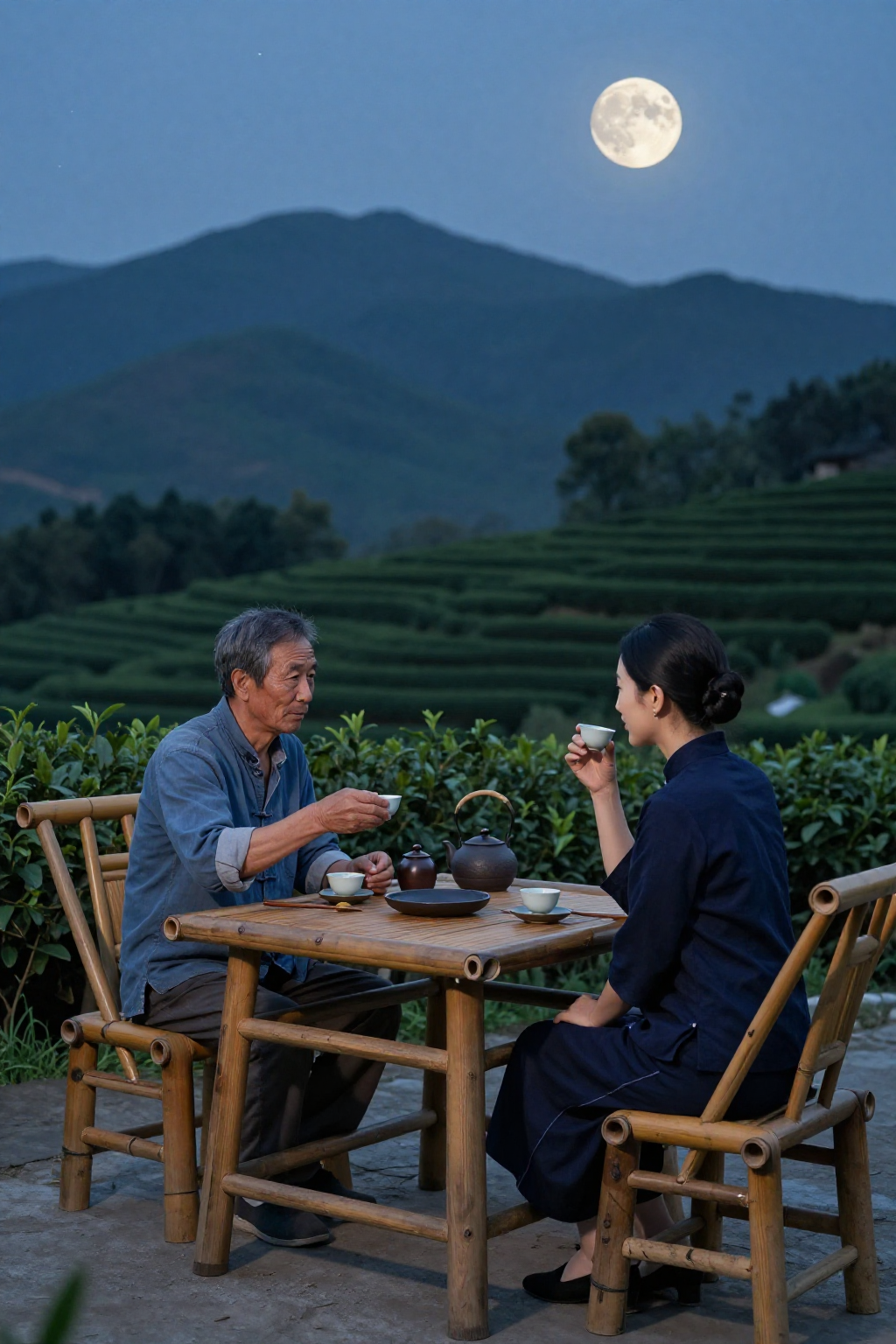 月夜凤凰山茶园老师傅和阿凤姐对坐竹桌品茶