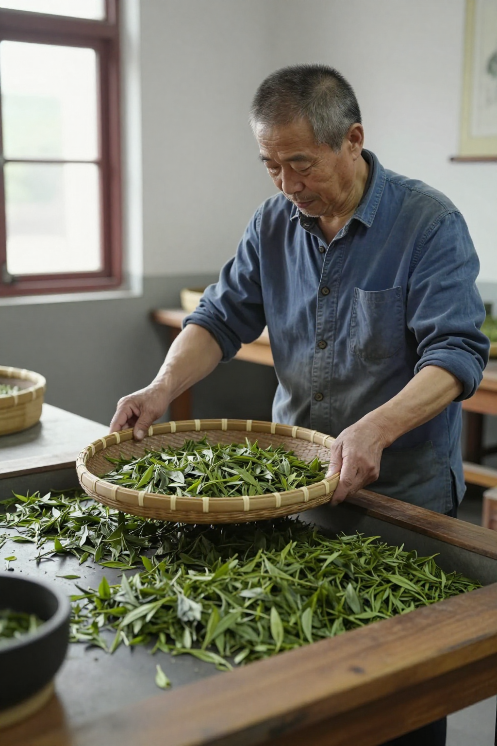 文师傅拿竹筛倒新鲜茶叶