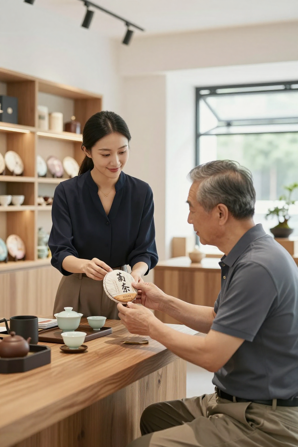 阿凤姐接待72岁老客人陈伯看普洱茶饼