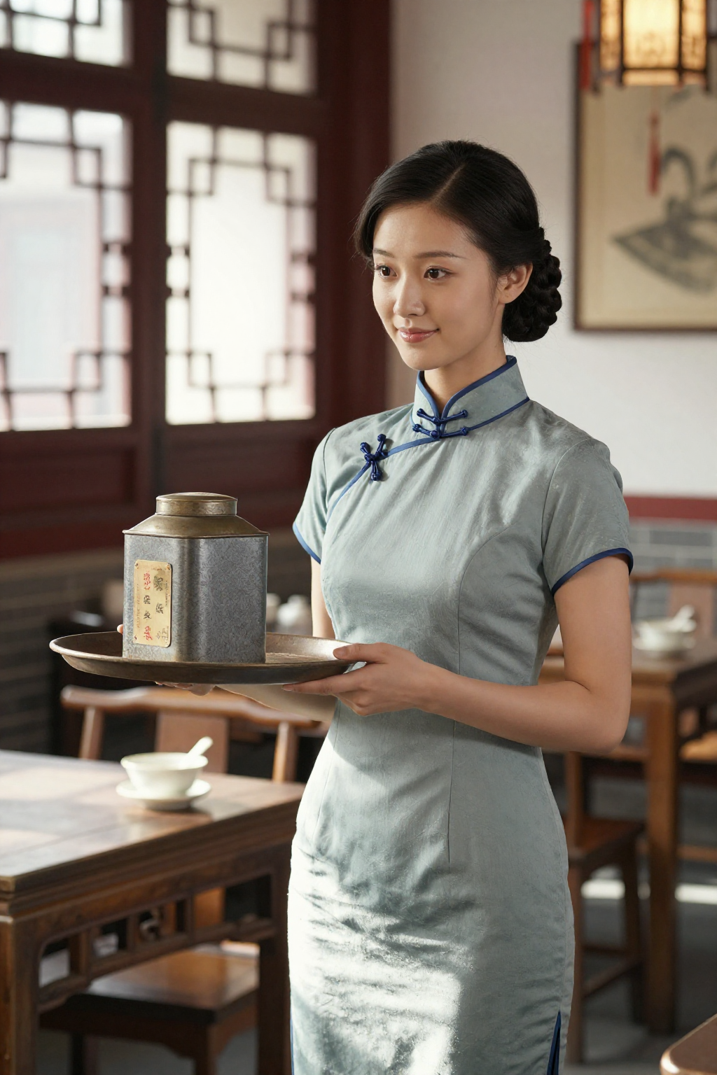 酒楼旗袍服务员端茶盘老茶罐