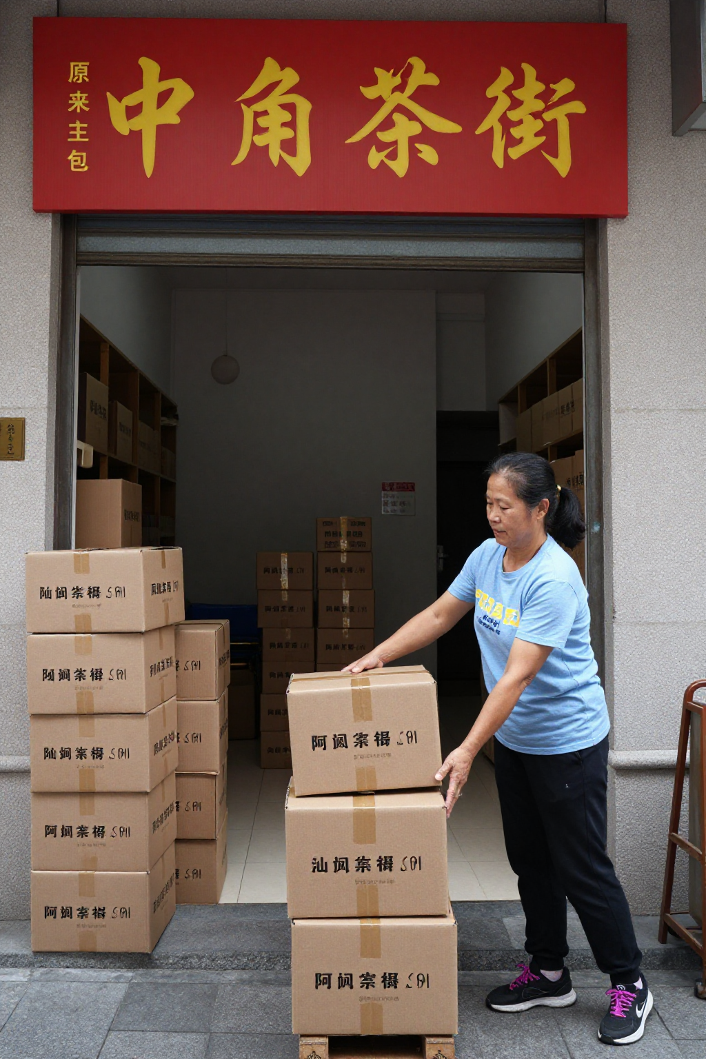 清晨惠州下角阿凤姐店门口搬运中秋茶礼