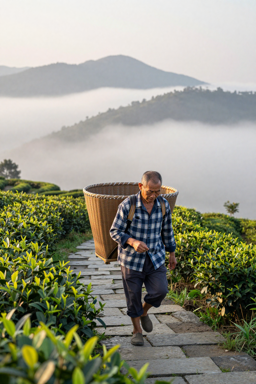清晨凤凰山茶园老茶农林伟周背竹篓