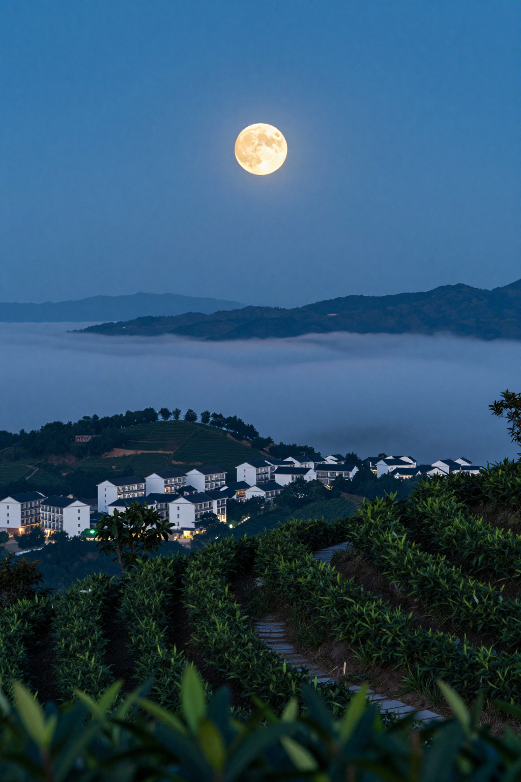 凤凰镇中秋夜空乌岽山顶圆月