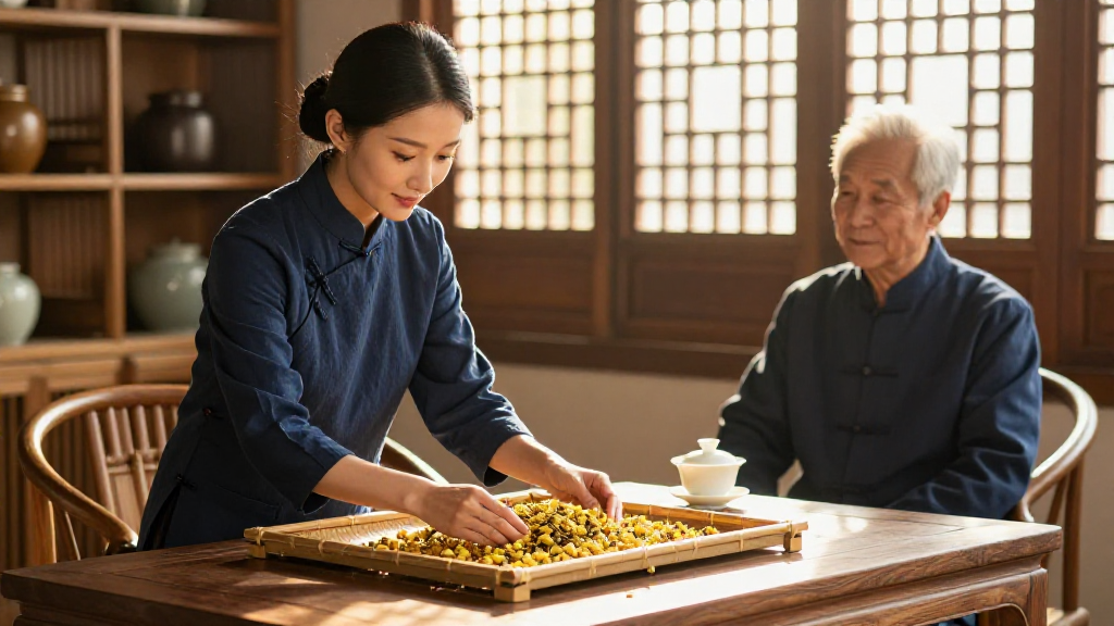 清晨凤凰镇茶亭 阿凤姐拣茶 林师傅观察
