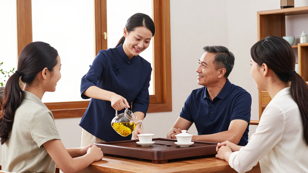 汕头陈先生带女儿来中秋订茶 阿凤姐倒茶