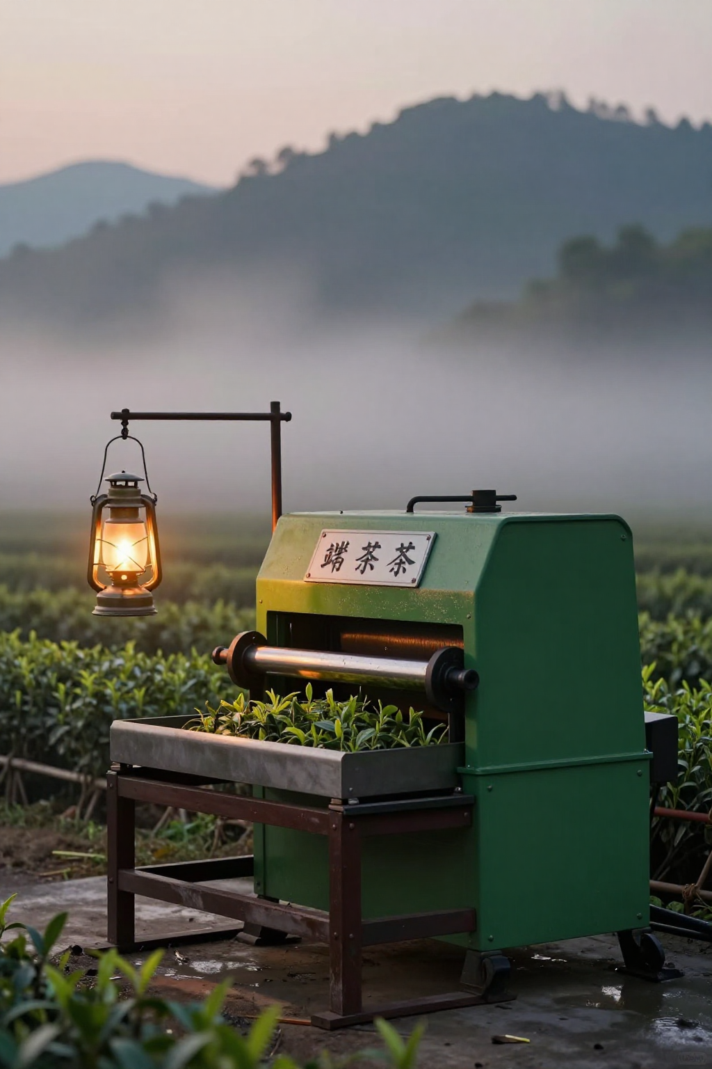 中秋前夜凤凰山茶厂拂晓雾气杀青机