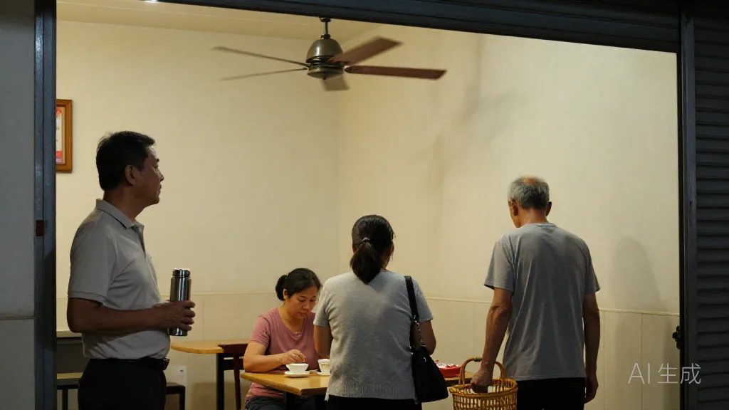 傍晚，陈老板抱着保温杯进来